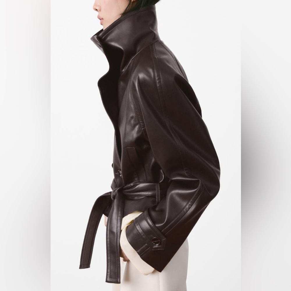 MANGO Faux Leather Belted Jacket in Maroon - Picture 3 of 7